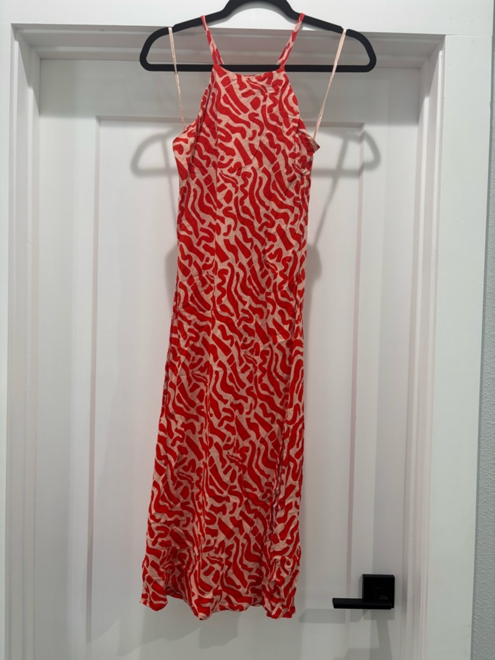 Band of the Free Red Abstract Halter Midi Dress with Cream Accents
